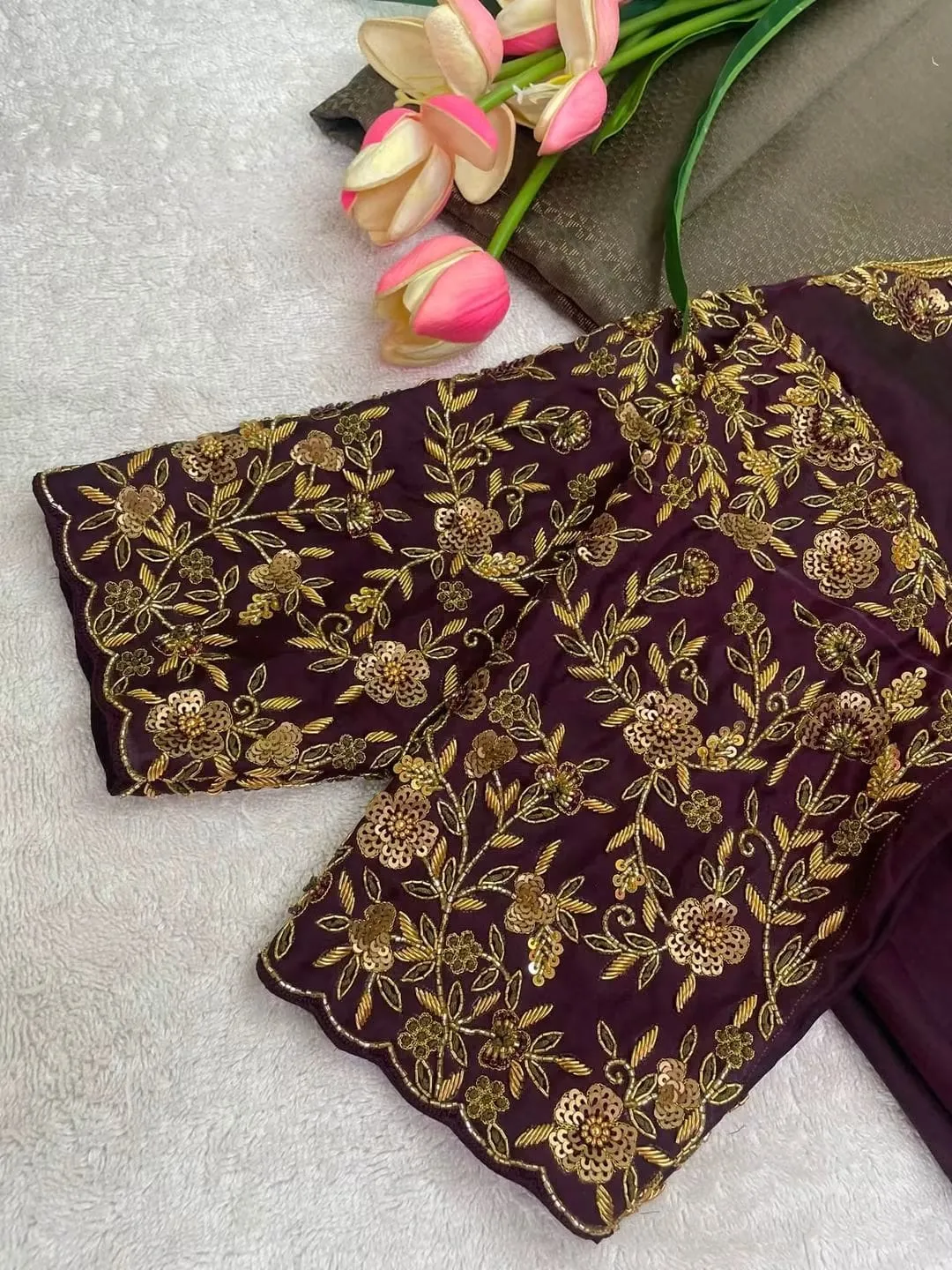 Plum Designer Maggam Work Blouse With Heavy Zardozi & Sequins | Ready Made Party Wear Saree Blouse 1