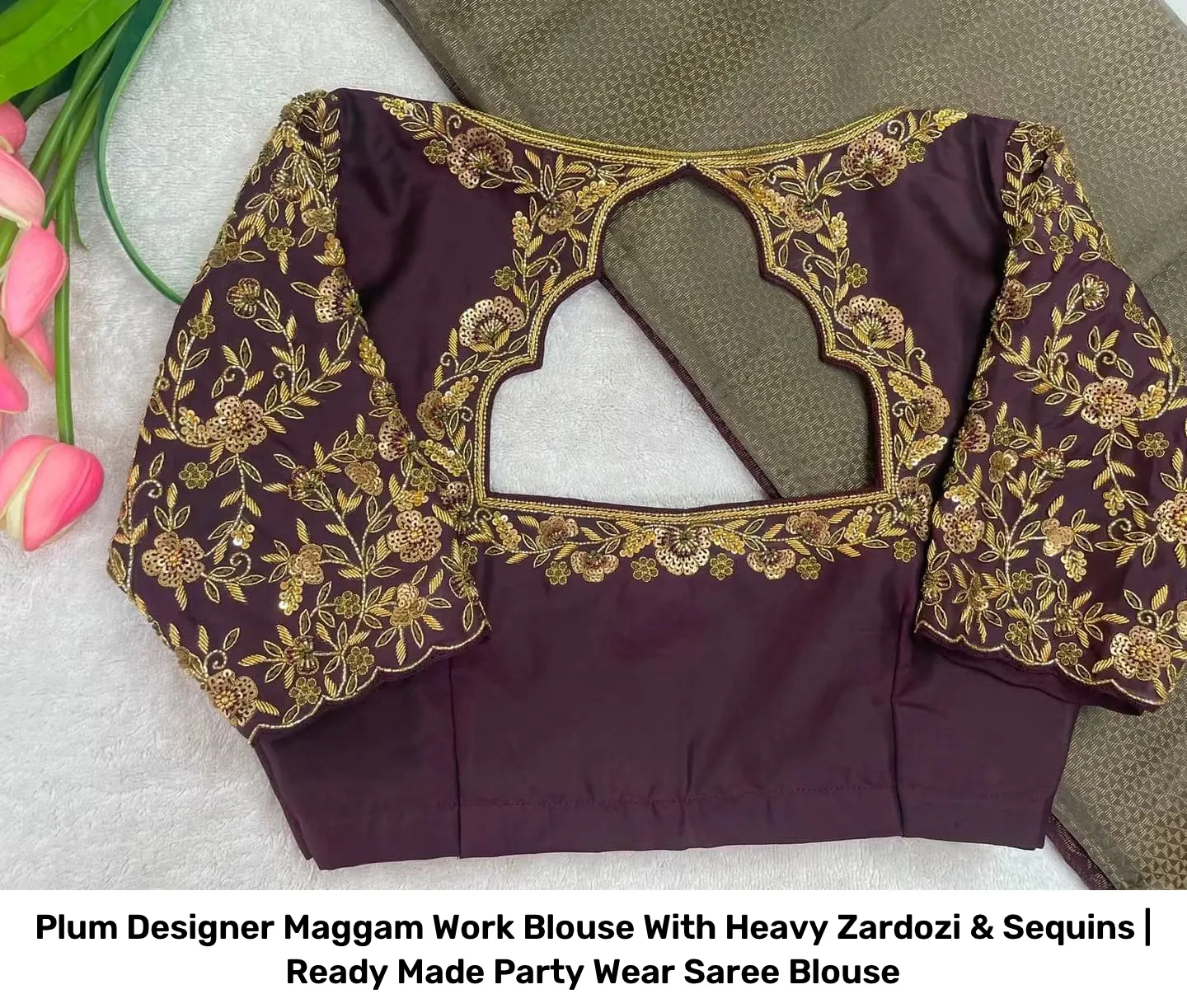 Plum Designer Maggam Work Blouse With Heavy Zardozi & Sequins | Ready Made Party Wear Saree Blouse 2