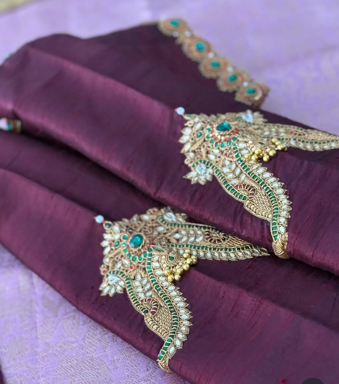 Plum Wine Silk Saree Blouse with Bajuband Vanki Maggam Work & Emerald Kundan Embroidery | Bridal Stitched Blouse