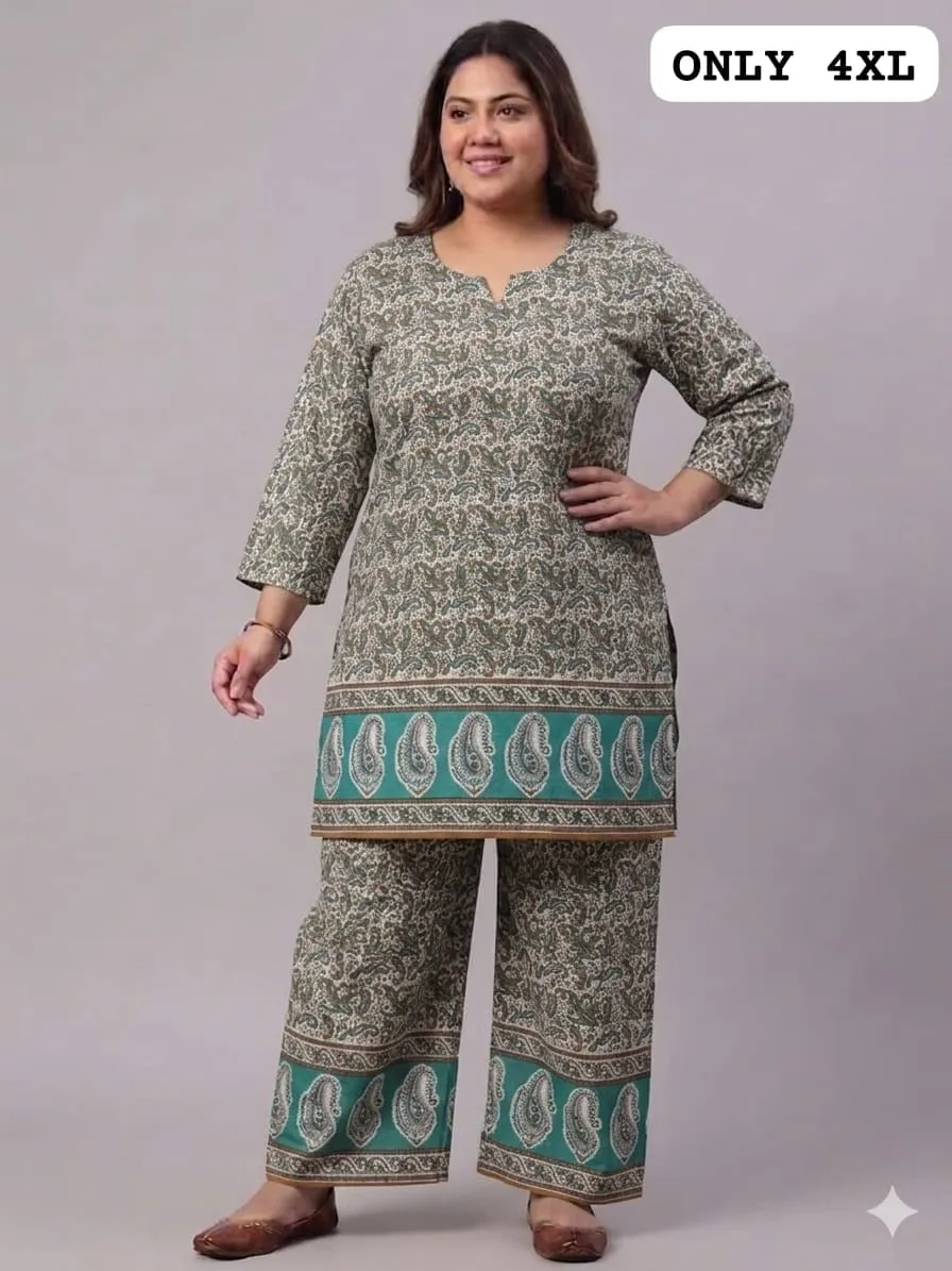 Plus Size Cotton Printed Co-Ord Set for Women | Ethnic Kurti with Palazzo Pant Set (3XL to 6XL)