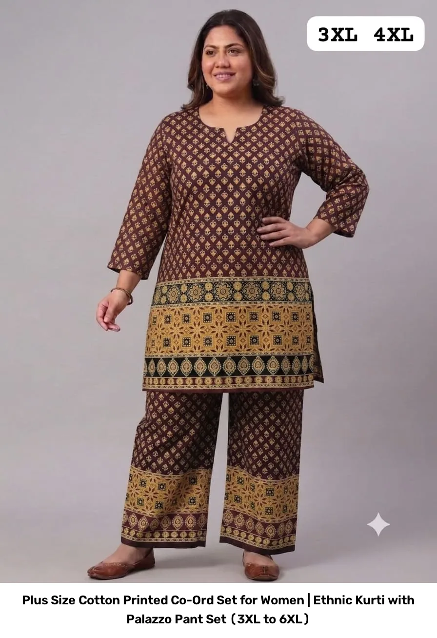 Plus Size Cotton Printed Co-Ord Set for Women | Ethnic Kurti with Palazzo Pant Set (3XL to 6XL) 10