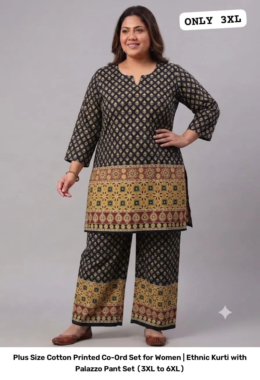 Plus Size Cotton Printed Co-Ord Set for Women | Ethnic Kurti with Palazzo Pant Set (3XL to 6XL) 11