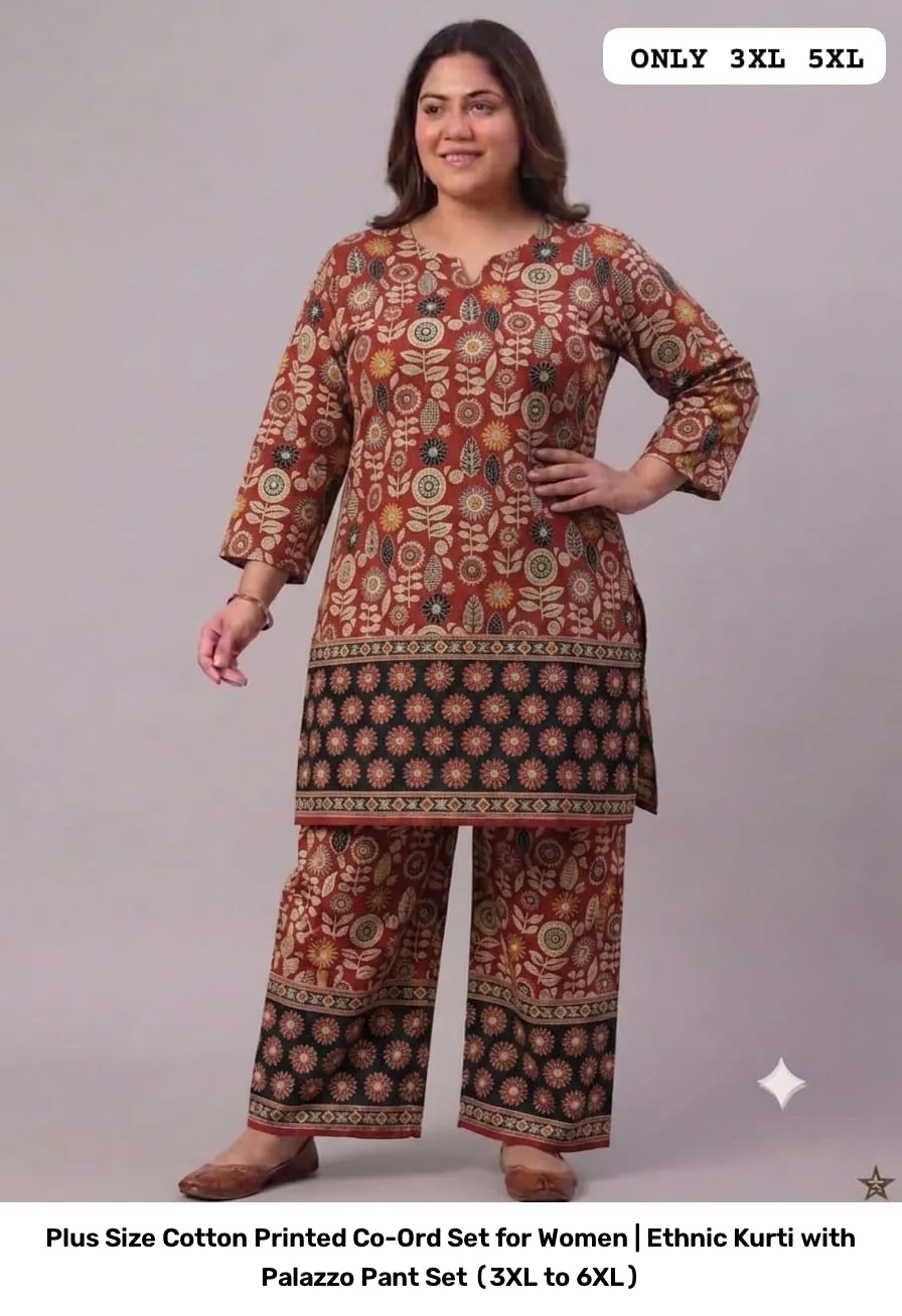 Plus Size Cotton Printed Co-Ord Set for Women | Ethnic Kurti with Palazzo Pant Set (3XL to 6XL) 12