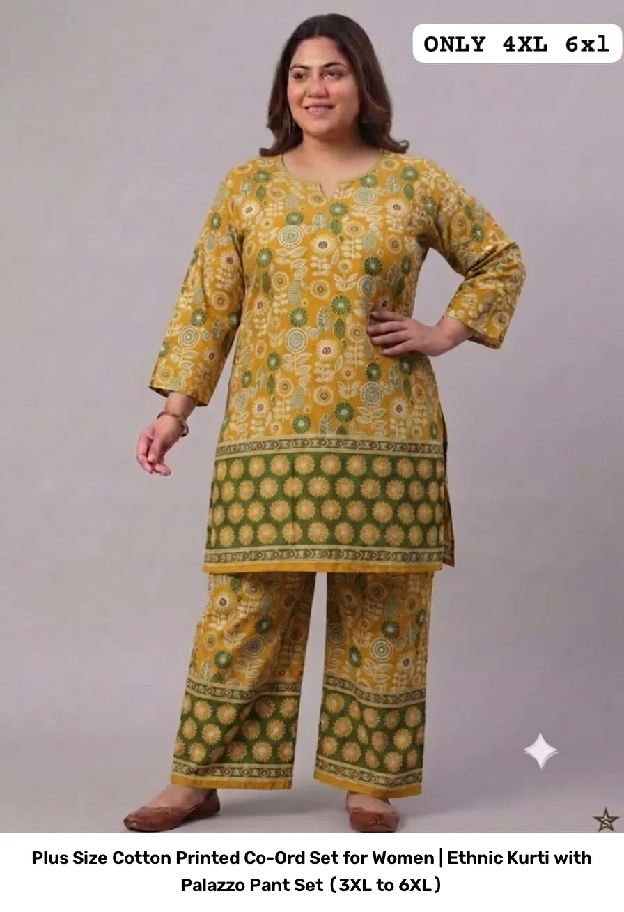 Plus Size Cotton Printed Co-Ord Set for Women | Ethnic Kurti with Palazzo Pant Set (3XL to 6XL) 14