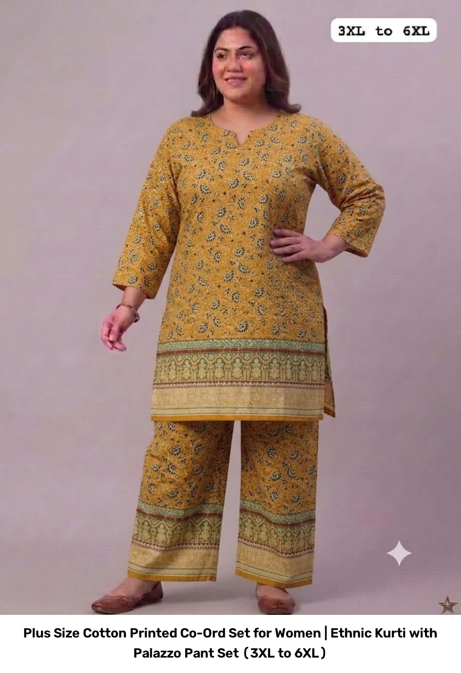 Plus Size Cotton Printed Co-Ord Set for Women | Ethnic Kurti with Palazzo Pant Set (3XL to 6XL) 16