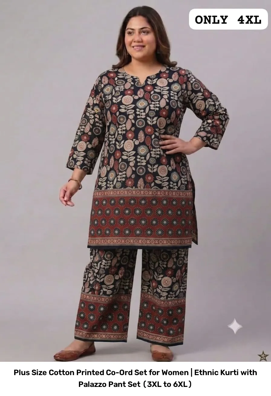Plus Size Cotton Printed Co-Ord Set for Women | Ethnic Kurti with Palazzo Pant Set (3XL to 6XL) 17
