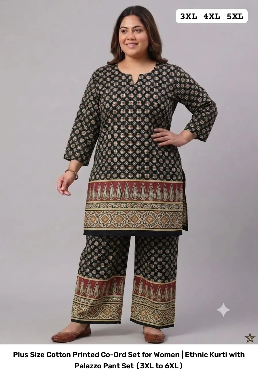 Plus Size Cotton Printed Co-Ord Set for Women | Ethnic Kurti with Palazzo Pant Set (3XL to 6XL) 18