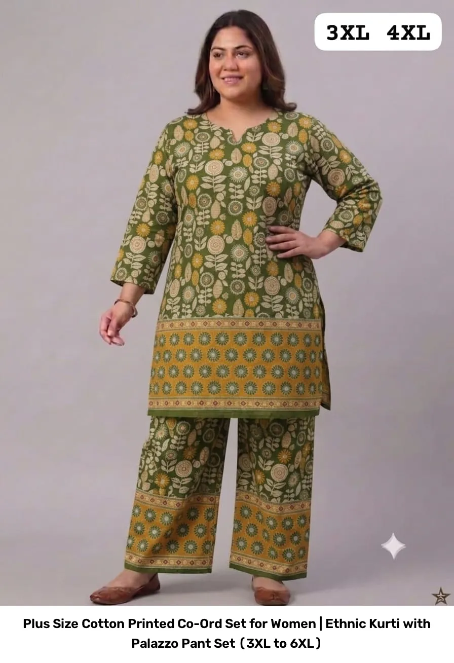 Plus Size Cotton Printed Co-Ord Set for Women | Ethnic Kurti with Palazzo Pant Set (3XL to 6XL) 2