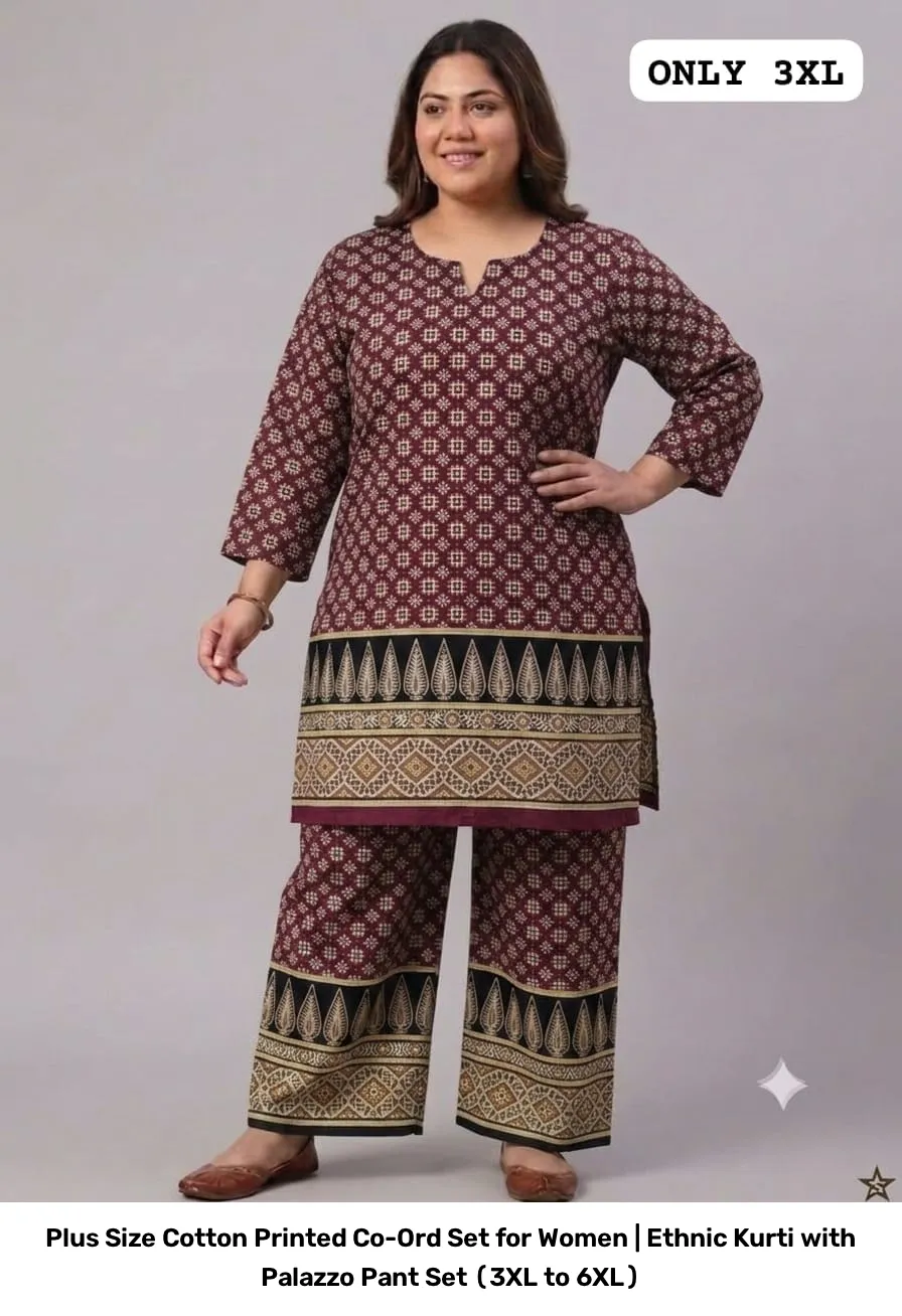 Plus Size Cotton Printed Co-Ord Set for Women | Ethnic Kurti with Palazzo Pant Set (3XL to 6XL) 3