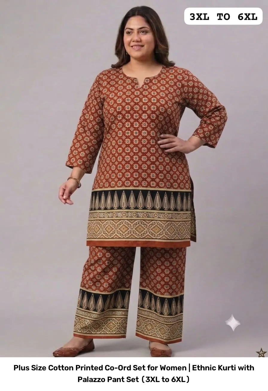 Plus Size Cotton Printed Co-Ord Set for Women | Ethnic Kurti with Palazzo Pant Set (3XL to 6XL) 6