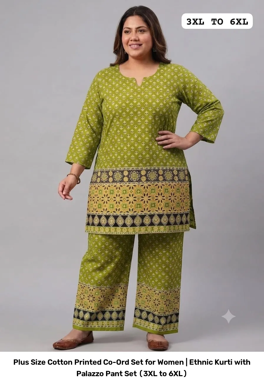 Plus Size Cotton Printed Co-Ord Set for Women | Ethnic Kurti with Palazzo Pant Set (3XL to 6XL) 8