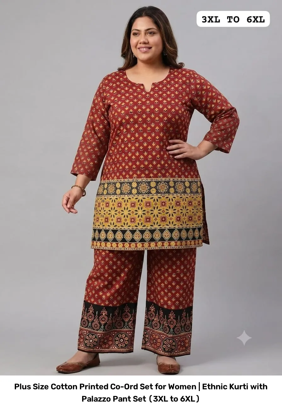 Plus Size Cotton Printed Co-Ord Set for Women | Ethnic Kurti with Palazzo Pant Set (3XL to 6XL) 9