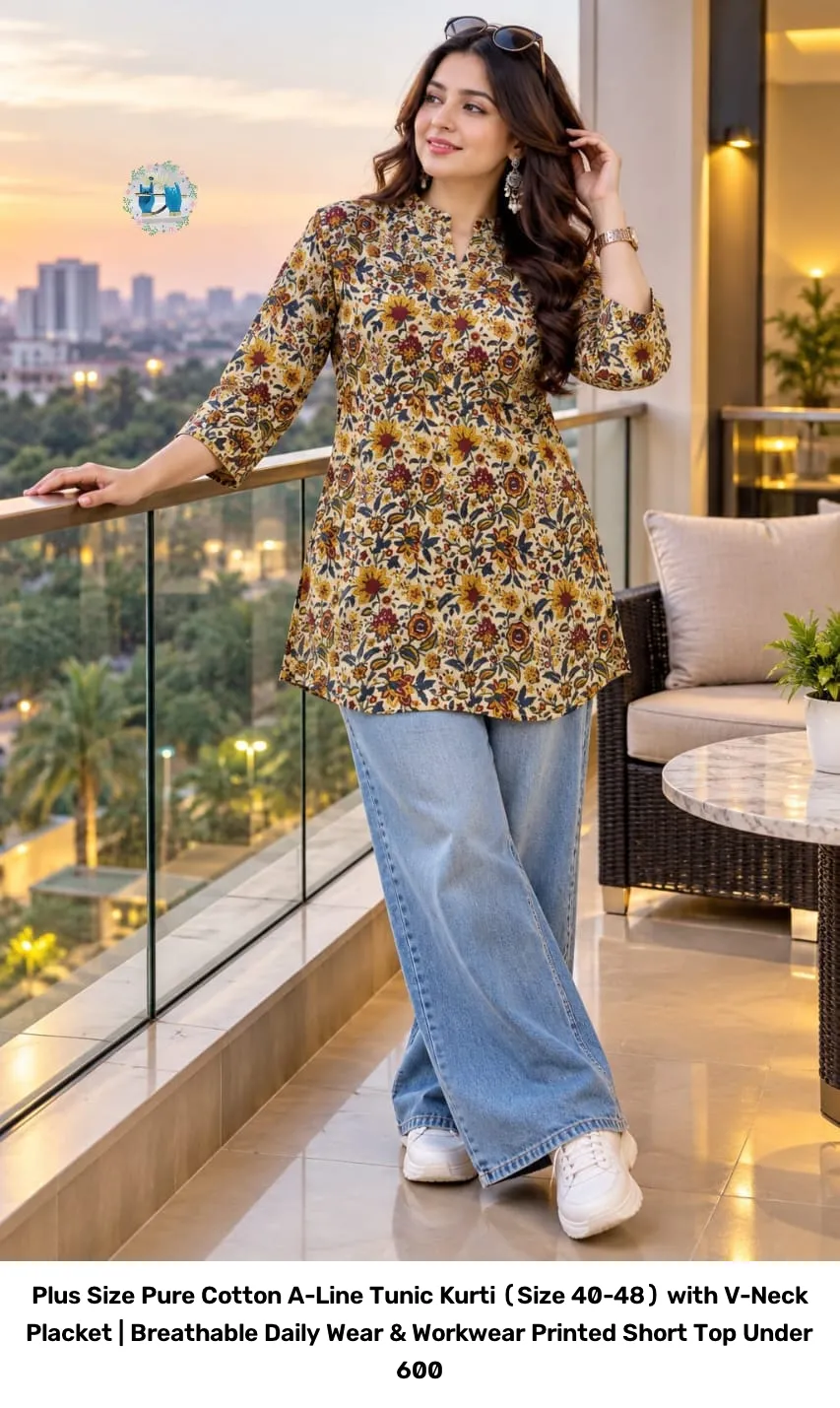 Plus Size Pure Cotton A-Line Tunic Kurti (Size 40-48) with V-Neck Placket | Breathable Daily Wear & Workwear Printed Short Top Under 600 4