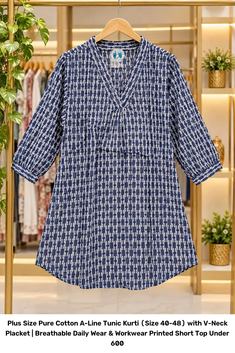 Plus Size Pure Cotton A-Line Tunic Kurti (Size 40-48) with V-Neck Placket | Breathable Daily Wear & Workwear Printed Short Top Under 600 5