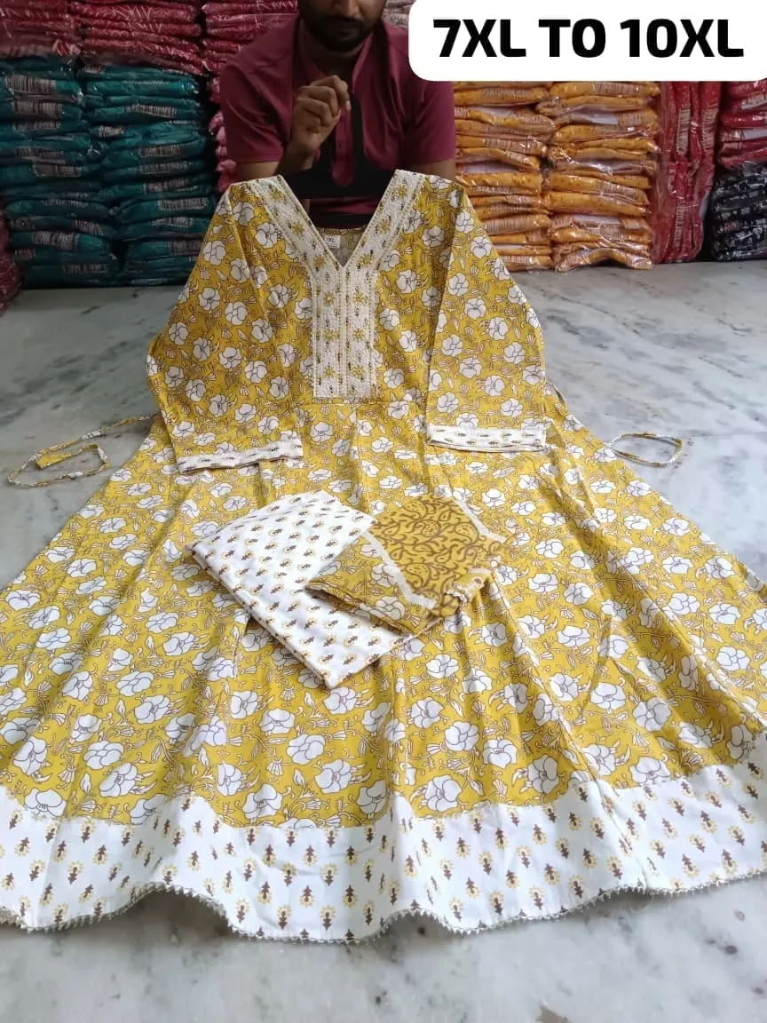 Plus Size Pure Cotton Anarkali Kurti Pant Dupatta Set (7XL to 10XL / Bust 54–60) | Flared Big Size Suit Set