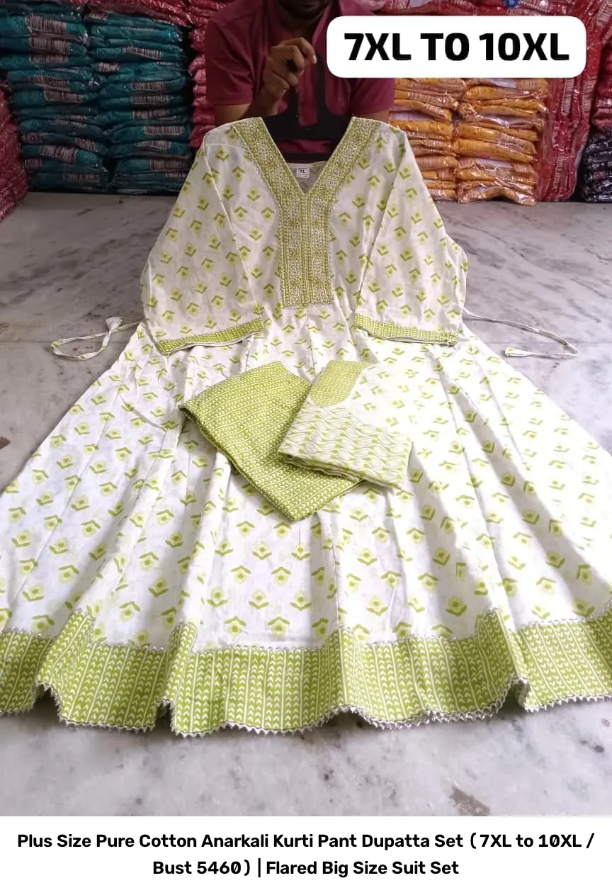 Plus Size Pure Cotton Anarkali Kurti Pant Dupatta Set (7XL to 10XL / Bust 54–60) | Flared Big Size Suit Set 15