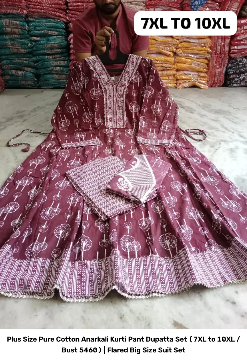Plus Size Pure Cotton Anarkali Kurti Pant Dupatta Set (7XL to 10XL / Bust 54–60) | Flared Big Size Suit Set 16