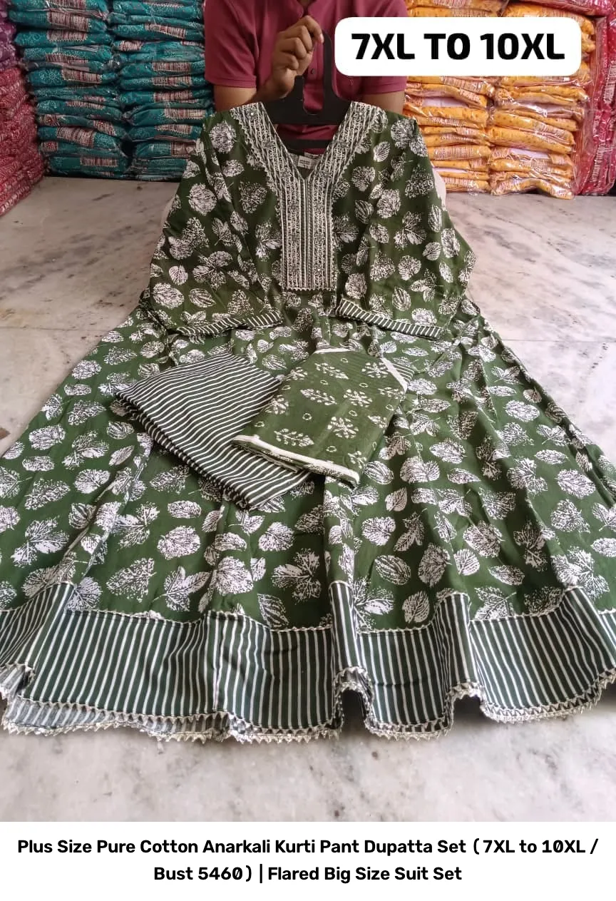 Plus Size Pure Cotton Anarkali Kurti Pant Dupatta Set (7XL to 10XL / Bust 54–60) | Flared Big Size Suit Set 4