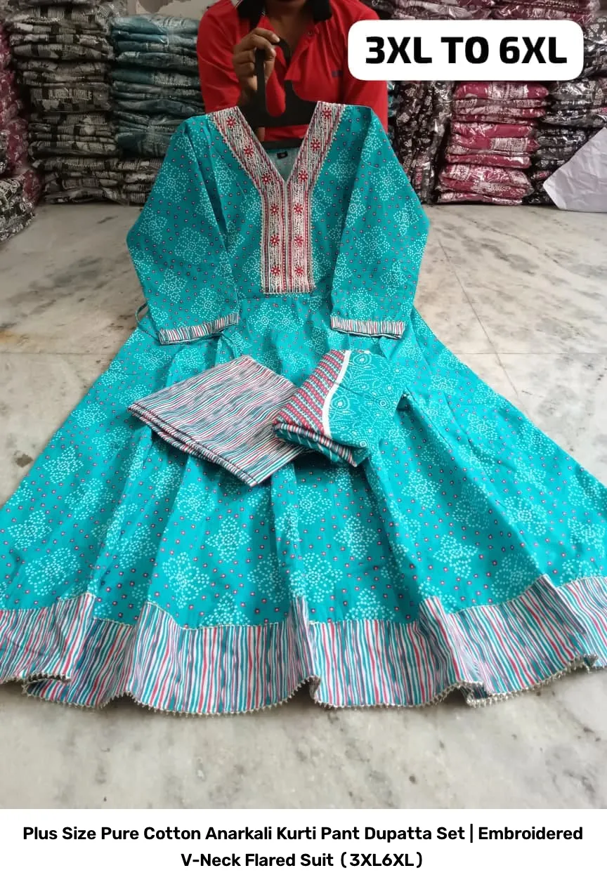 Plus Size Pure Cotton Anarkali Kurti Pant Dupatta Set | Embroidered V-Neck Flared Suit (3XL–6XL) 8