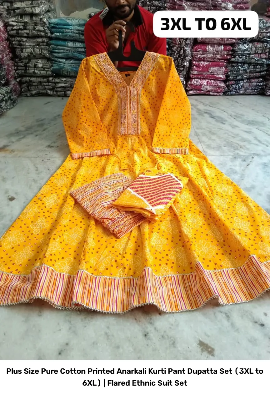 Plus Size Pure Cotton Printed Anarkali Kurti Pant Dupatta Set (3XL to 6XL) | Flared Ethnic Suit Set 10