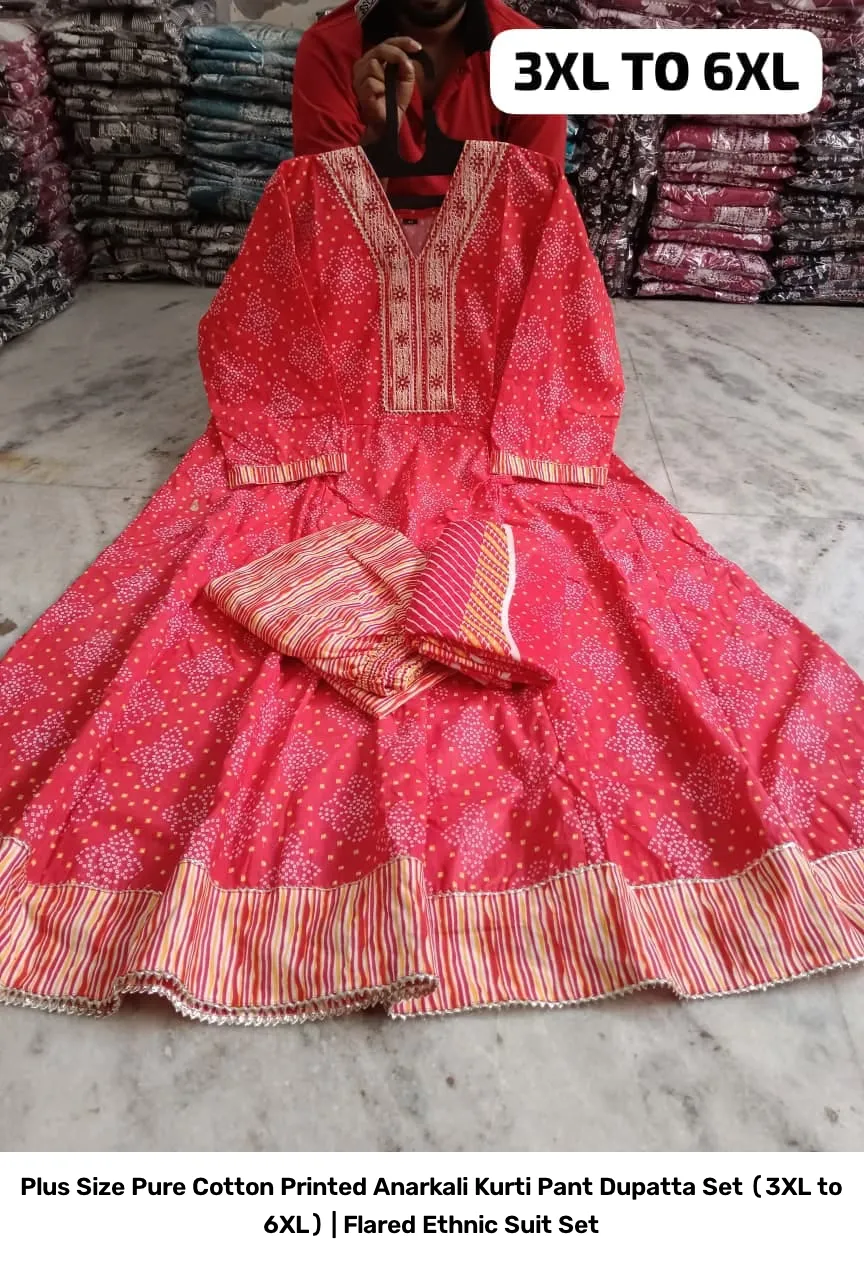 Plus Size Pure Cotton Printed Anarkali Kurti Pant Dupatta Set (3XL to 6XL) | Flared Ethnic Suit Set 12