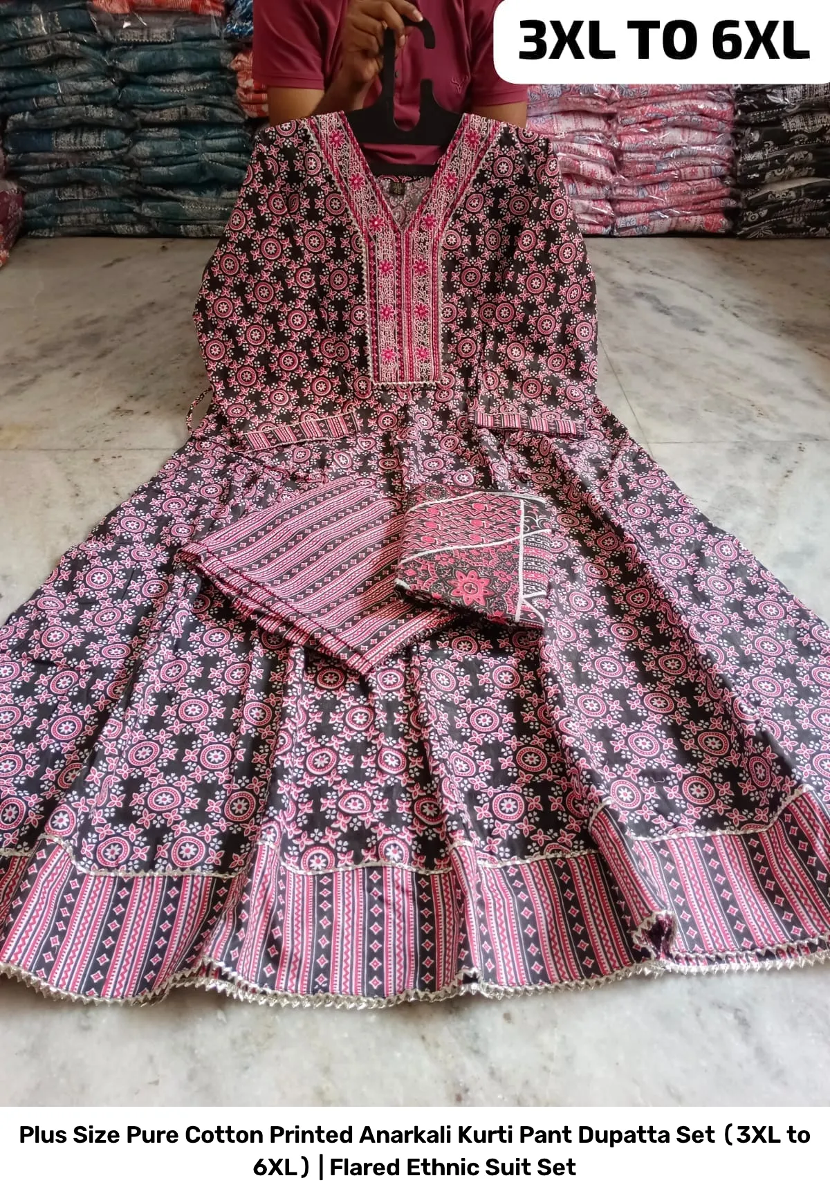 Plus Size Pure Cotton Printed Anarkali Kurti Pant Dupatta Set (3XL to 6XL) | Flared Ethnic Suit Set 13