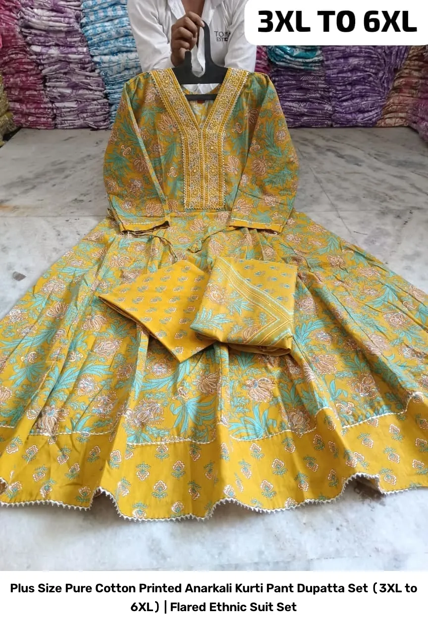 Plus Size Pure Cotton Printed Anarkali Kurti Pant Dupatta Set (3XL to 6XL) | Flared Ethnic Suit Set 18