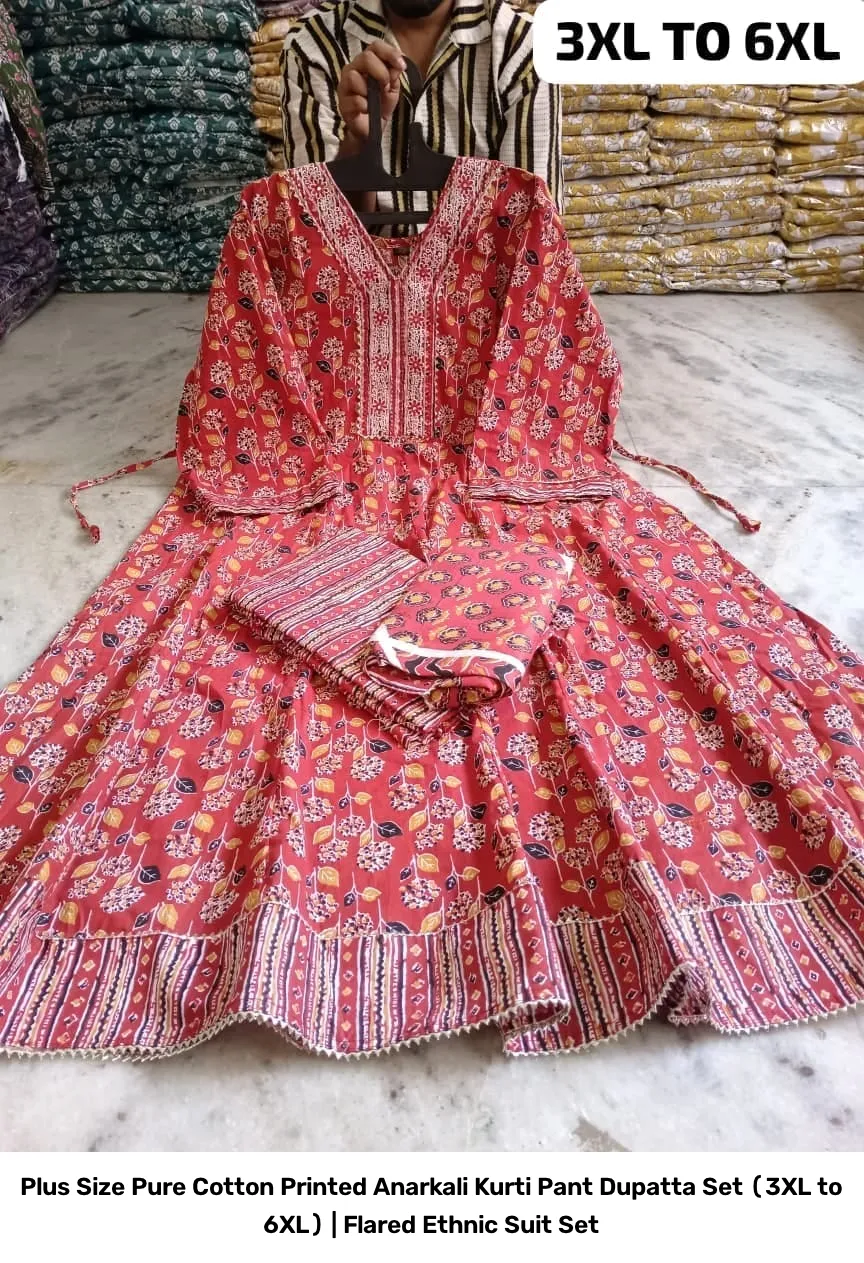 Plus Size Pure Cotton Printed Anarkali Kurti Pant Dupatta Set (3XL to 6XL) | Flared Ethnic Suit Set 5