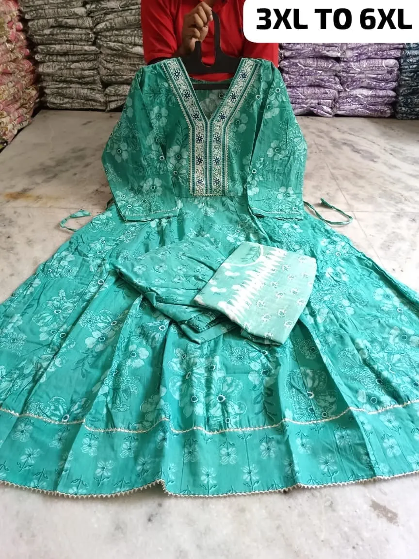 Plus Size Pure Cotton Printed Anarkali Kurti with Pant & Dupatta Set | Women's Big Size 3-Piece Ethnic Suit (3XL to 6XL / Size 46–52)