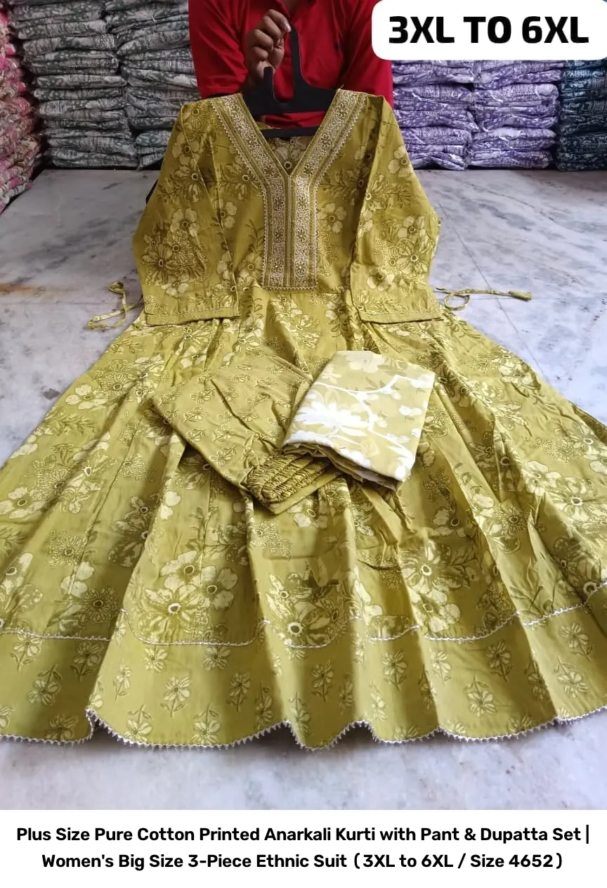 Plus Size Pure Cotton Printed Anarkali Kurti with Pant & Dupatta Set | Women's Big Size 3-Piece Ethnic Suit (3XL to 6XL / Size 46–52) 4