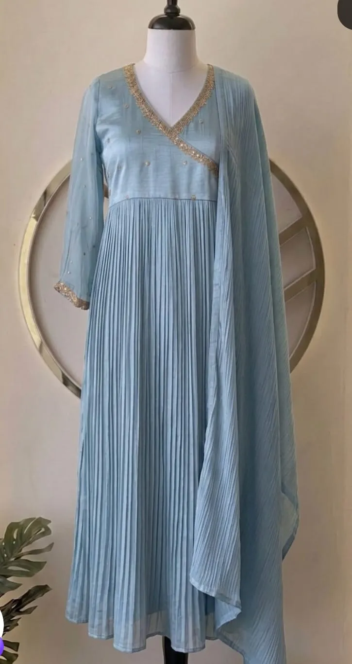 Powder Blue Pleated Anarkali Suit Set with Dupatta | Designer Ethnic Wear 1