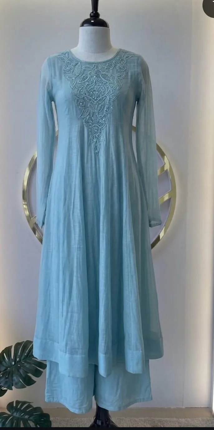 Powder Blue Tonal Embroidered Georgette Anarkali Kurta Set with Palazzo – Elegant Pastel Festive & Wedding Guest Wear