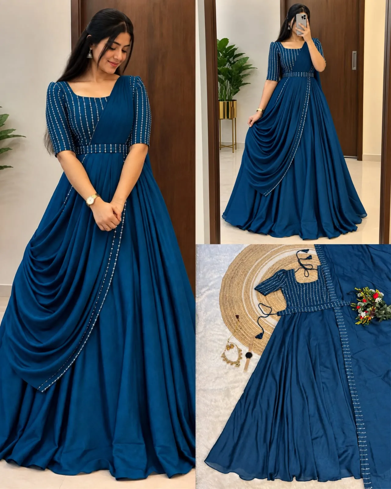 Pre-Draped Saree Style Gown in Vichitra Silk with Embroidered Belt | Ready to Wear Party Wear Anarkali Gown with Dupatta Set