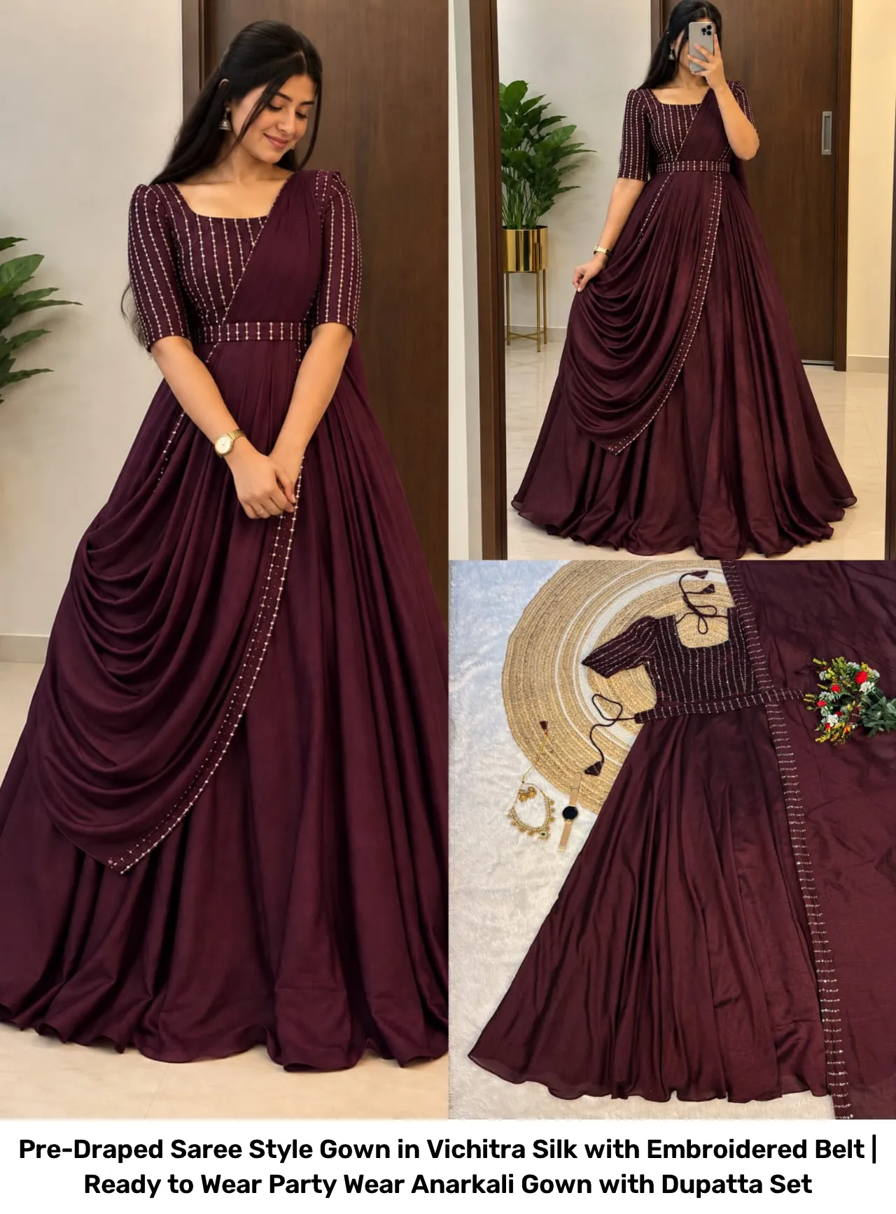 Pre-Draped Saree Style Gown in Vichitra Silk with Embroidered Belt | Ready to Wear Party Wear Anarkali Gown with Dupatta Set 3