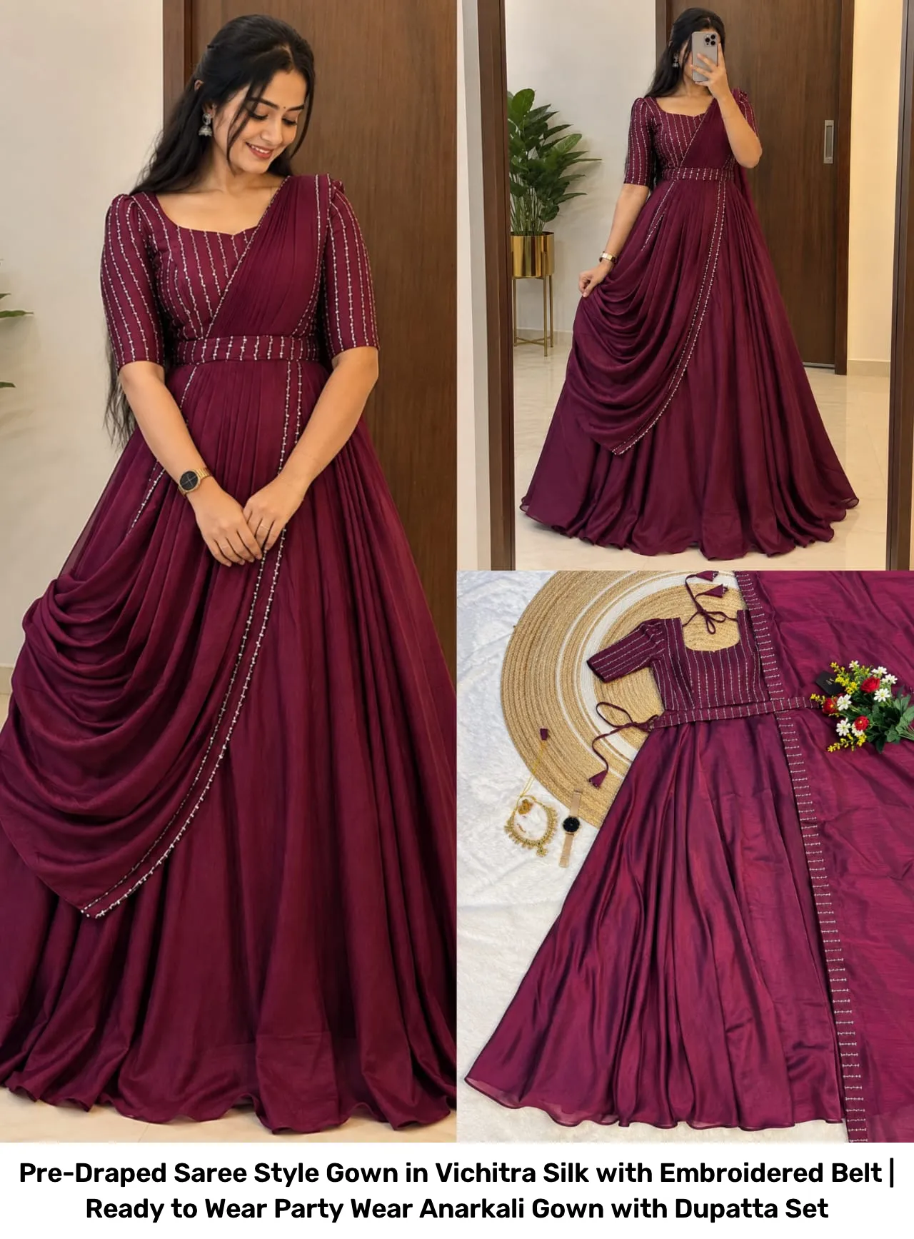 Pre-Draped Saree Style Gown in Vichitra Silk with Embroidered Belt | Ready to Wear Party Wear Anarkali Gown with Dupatta Set 4