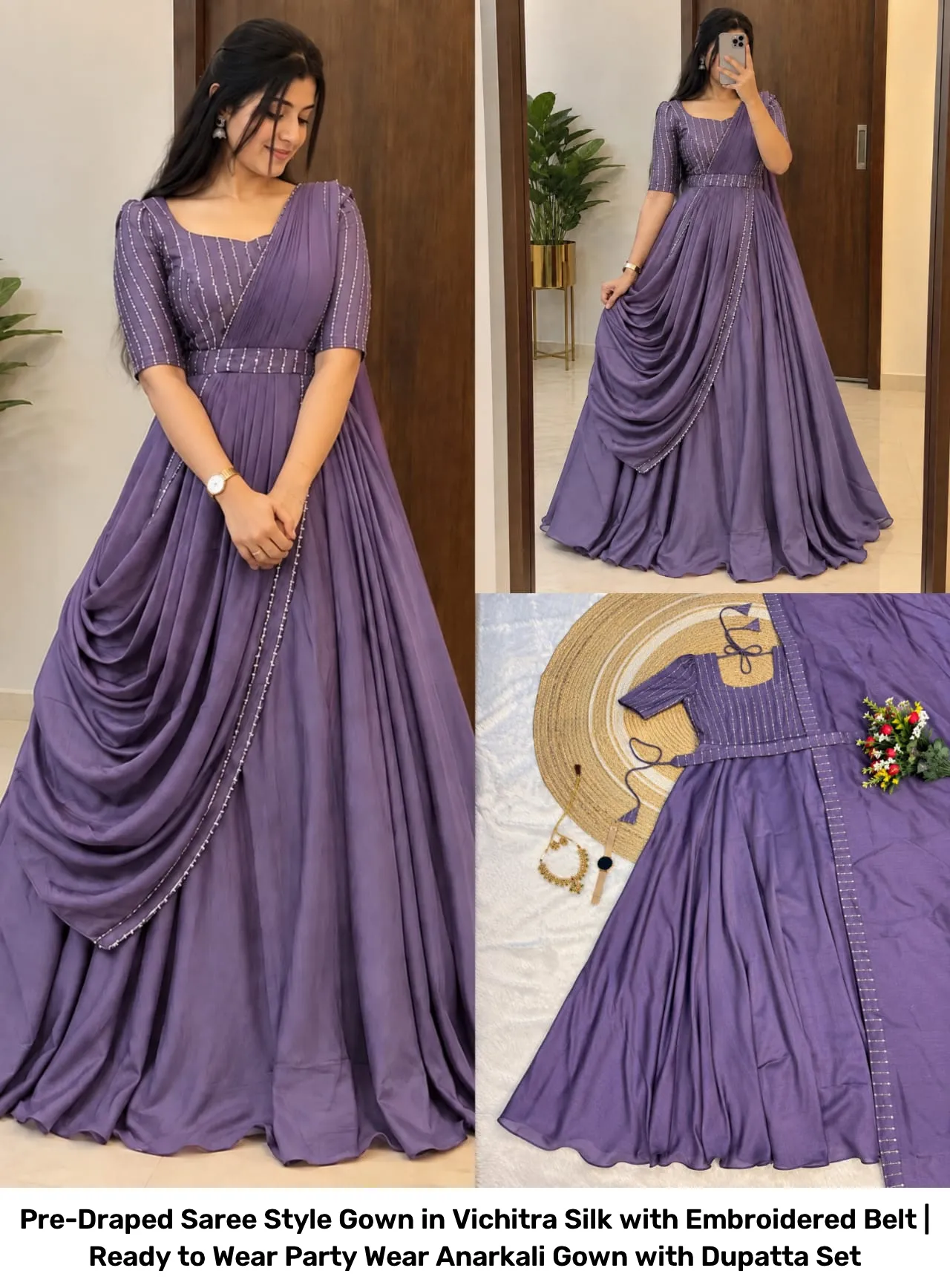 Pre-Draped Saree Style Gown in Vichitra Silk with Embroidered Belt | Ready to Wear Party Wear Anarkali Gown with Dupatta Set 5