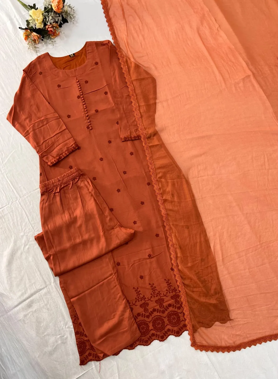 Premium 17Kg Rayon Embroidered Kurti Pant Set with Dupatta | Cutwork Hem Straight Suit with Nazmin Dupatta