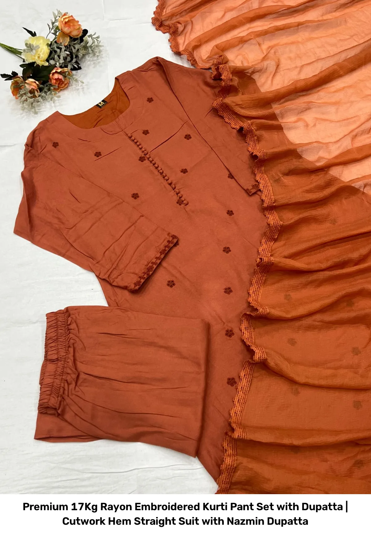 Premium 17Kg Rayon Embroidered Kurti Pant Set with Dupatta | Cutwork Hem Straight Suit with Nazmin Dupatta 11