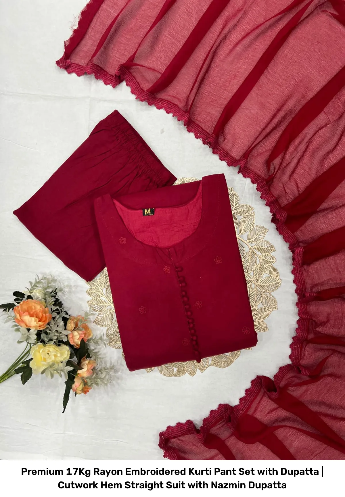 Premium 17Kg Rayon Embroidered Kurti Pant Set with Dupatta | Cutwork Hem Straight Suit with Nazmin Dupatta 12