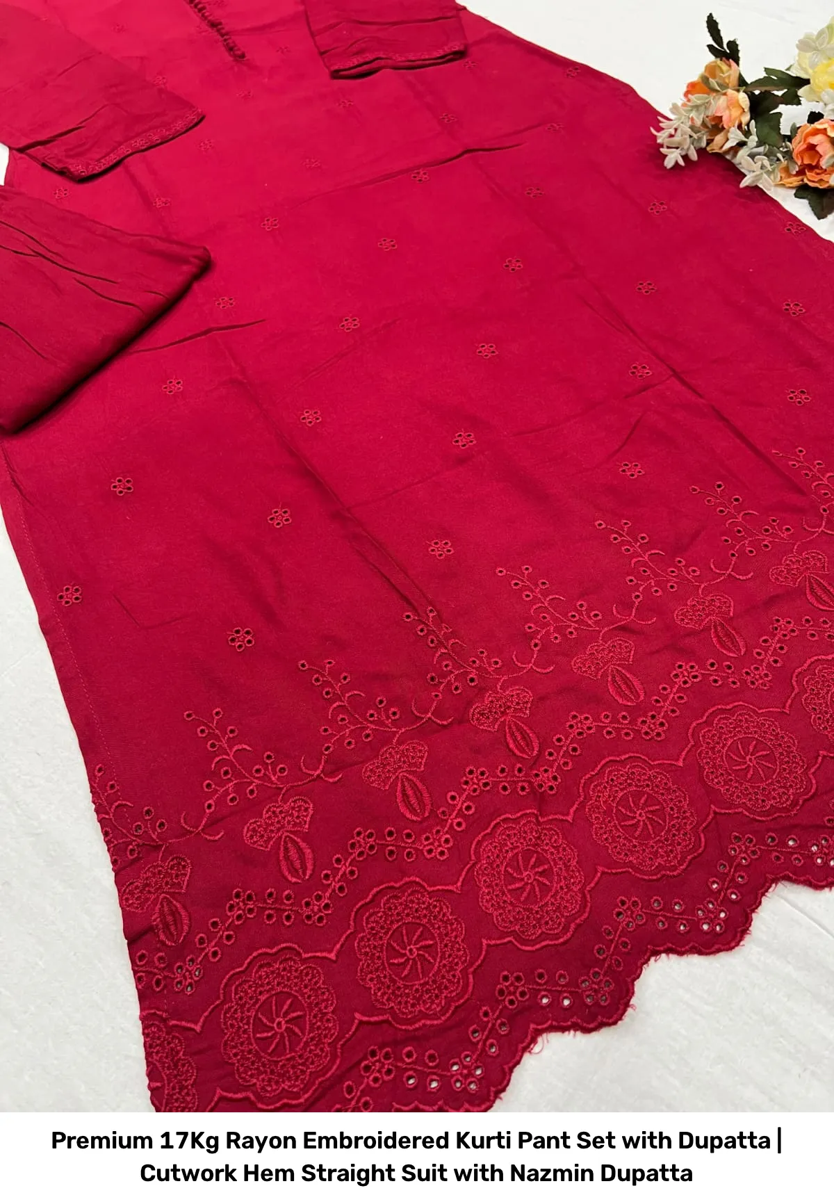 Premium 17Kg Rayon Embroidered Kurti Pant Set with Dupatta | Cutwork Hem Straight Suit with Nazmin Dupatta 13