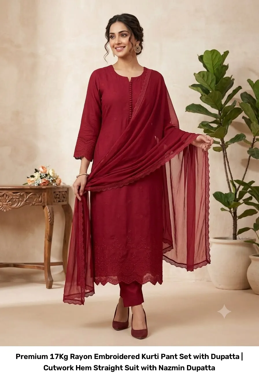 Premium 17Kg Rayon Embroidered Kurti Pant Set with Dupatta | Cutwork Hem Straight Suit with Nazmin Dupatta 14