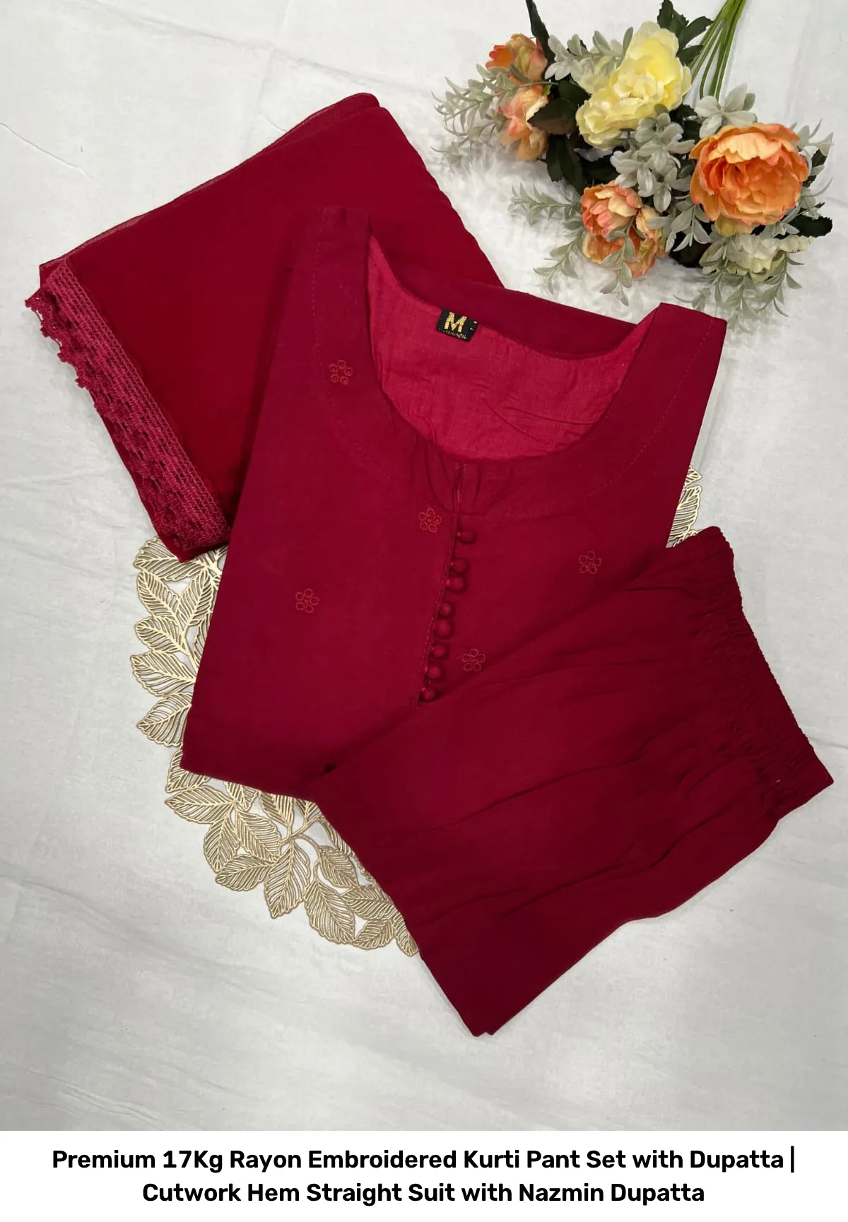 Premium 17Kg Rayon Embroidered Kurti Pant Set with Dupatta | Cutwork Hem Straight Suit with Nazmin Dupatta 15