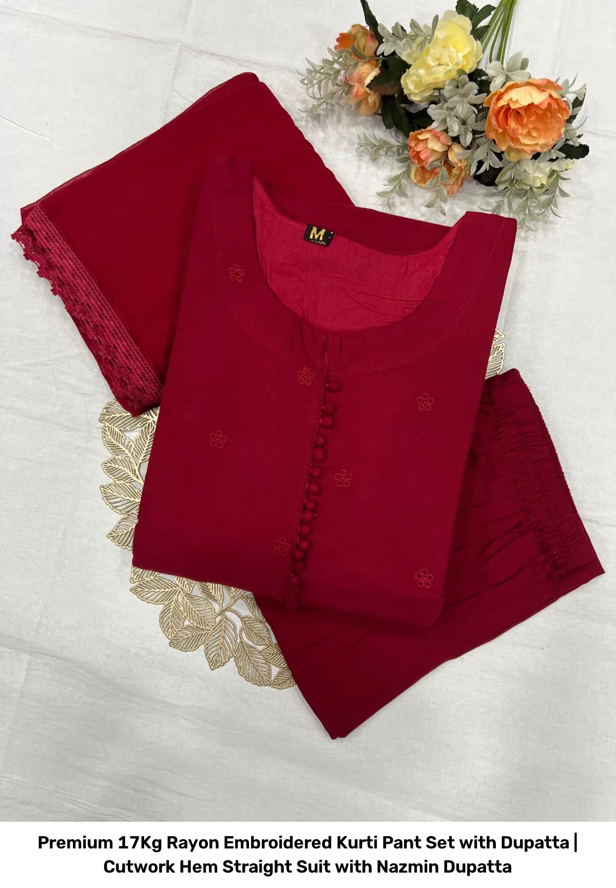 Premium 17Kg Rayon Embroidered Kurti Pant Set with Dupatta | Cutwork Hem Straight Suit with Nazmin Dupatta 16
