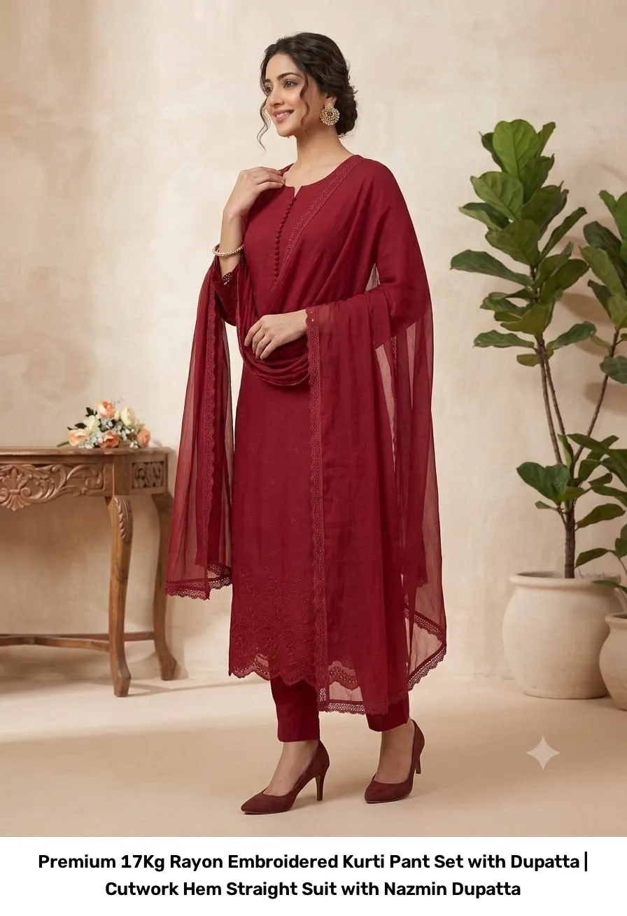 Premium 17Kg Rayon Embroidered Kurti Pant Set with Dupatta | Cutwork Hem Straight Suit with Nazmin Dupatta 17