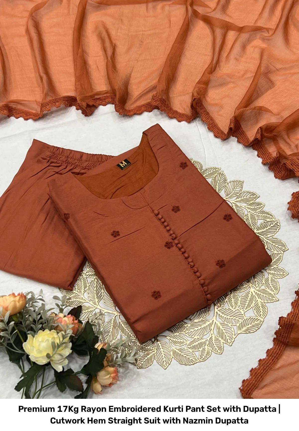Premium 17Kg Rayon Embroidered Kurti Pant Set with Dupatta | Cutwork Hem Straight Suit with Nazmin Dupatta 18