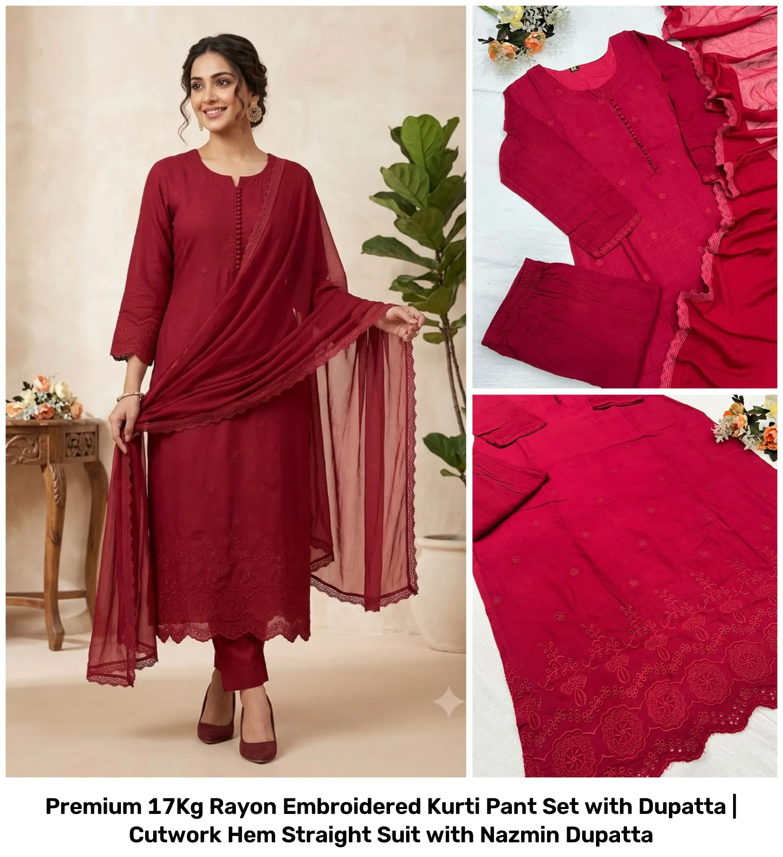 Premium 17Kg Rayon Embroidered Kurti Pant Set with Dupatta | Cutwork Hem Straight Suit with Nazmin Dupatta 19