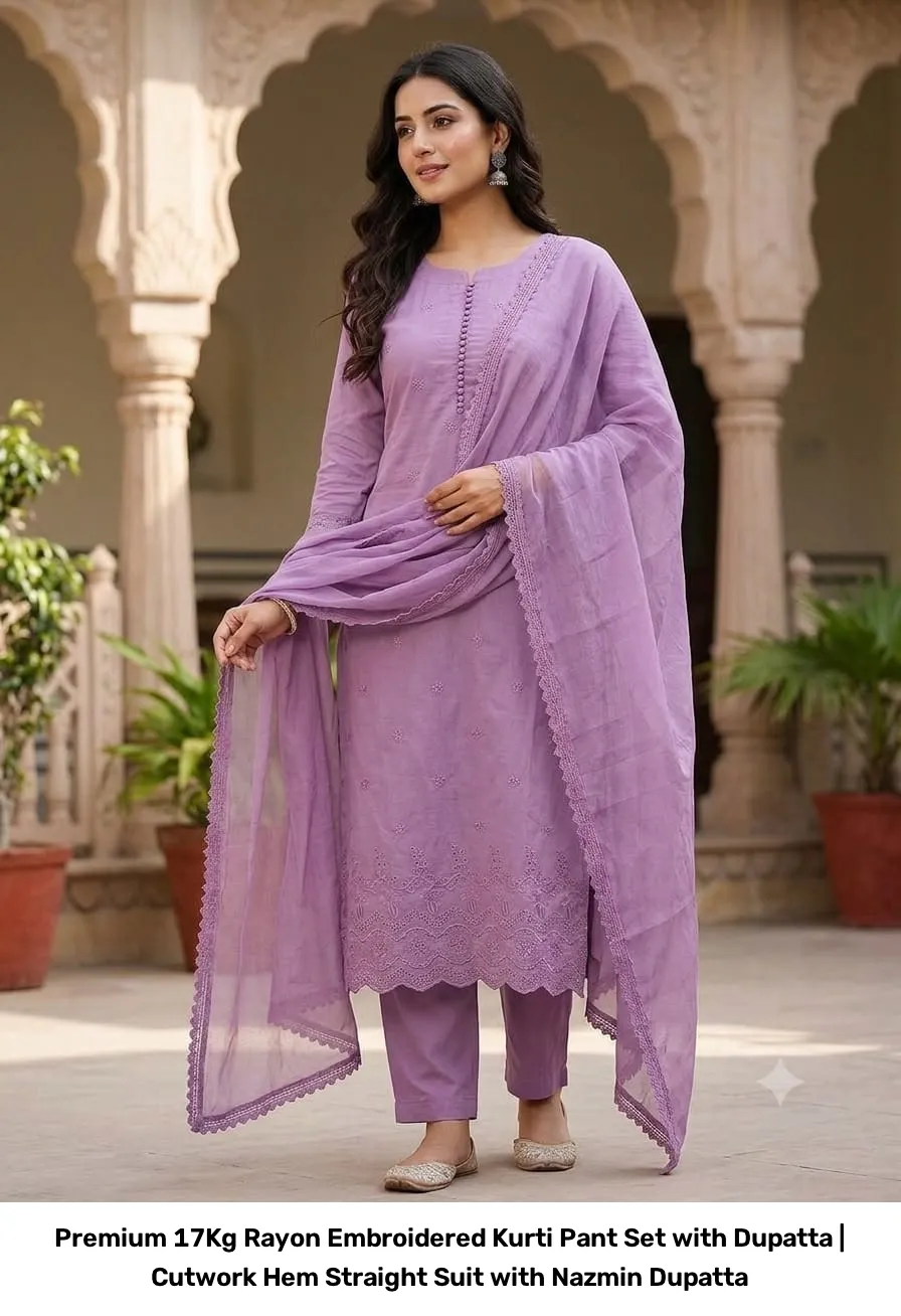 Premium 17Kg Rayon Embroidered Kurti Pant Set with Dupatta | Cutwork Hem Straight Suit with Nazmin Dupatta 2