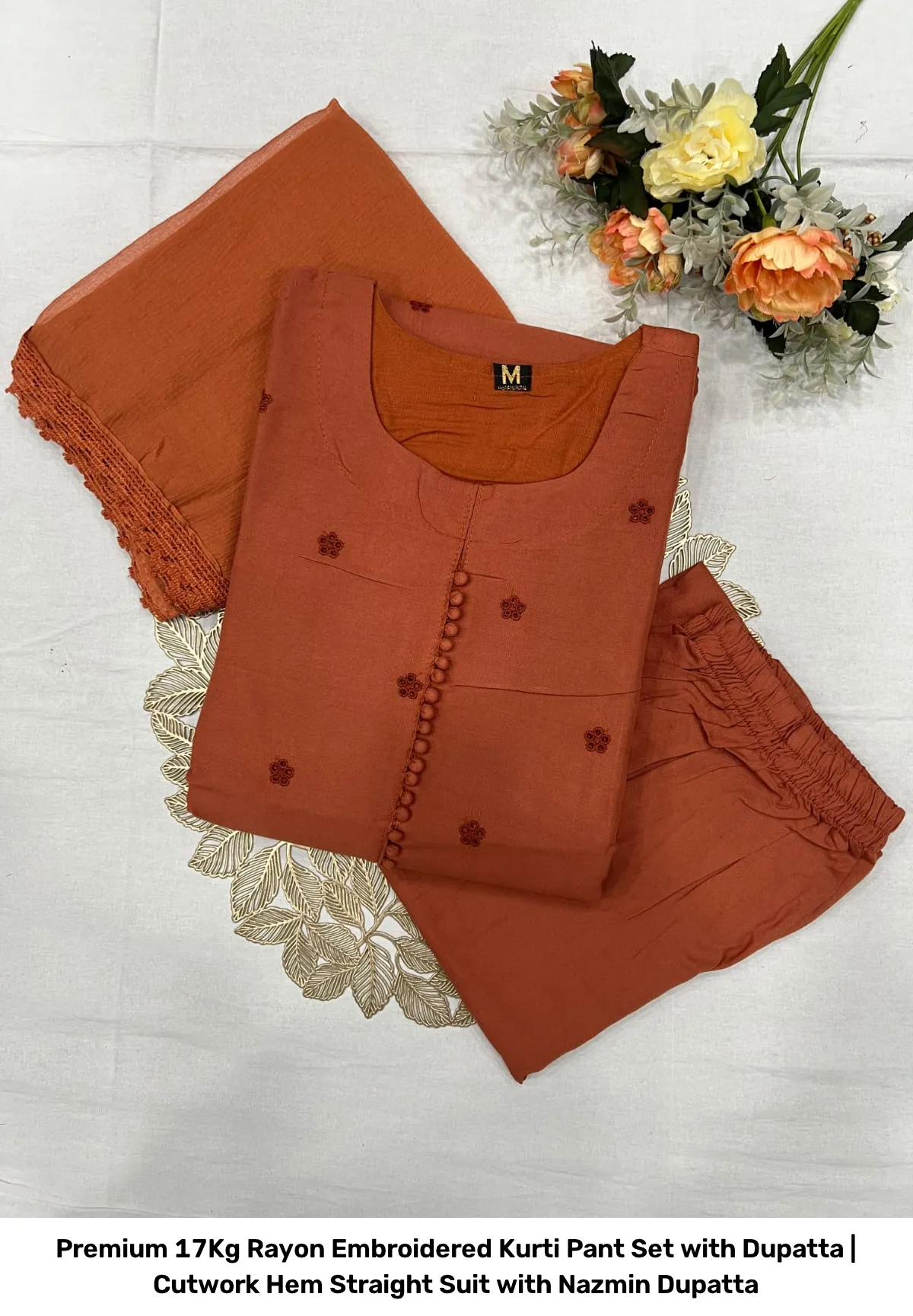 Premium 17Kg Rayon Embroidered Kurti Pant Set with Dupatta | Cutwork Hem Straight Suit with Nazmin Dupatta 20