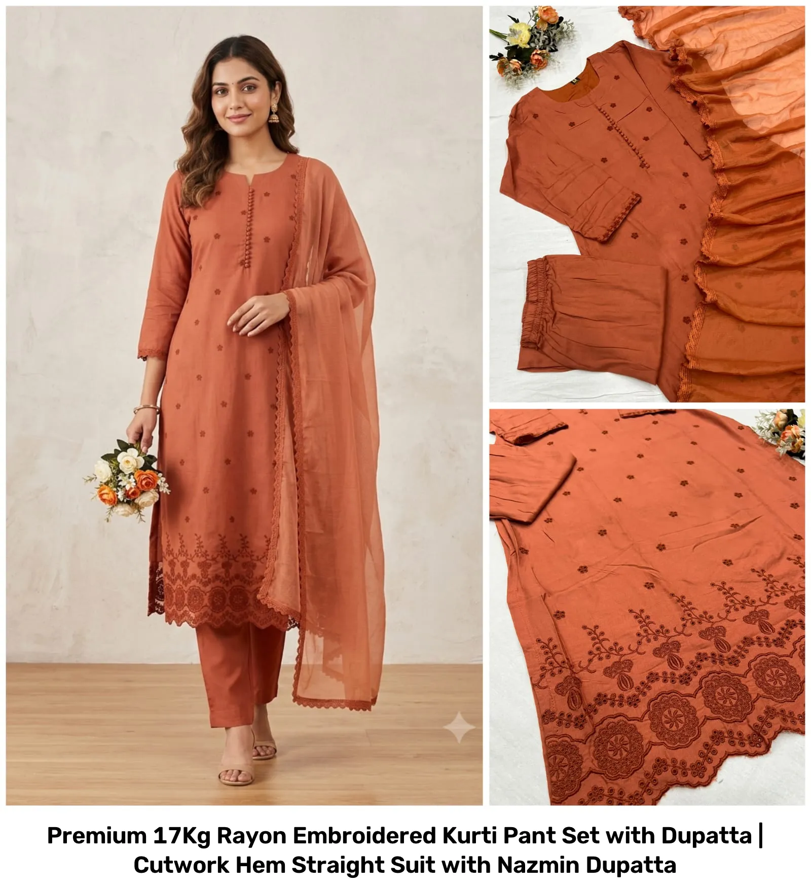 Premium 17Kg Rayon Embroidered Kurti Pant Set with Dupatta | Cutwork Hem Straight Suit with Nazmin Dupatta 21