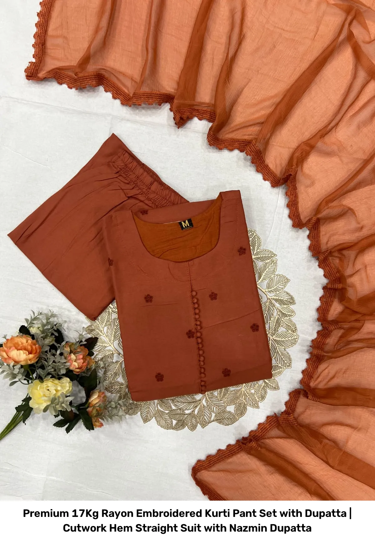 Premium 17Kg Rayon Embroidered Kurti Pant Set with Dupatta | Cutwork Hem Straight Suit with Nazmin Dupatta 22